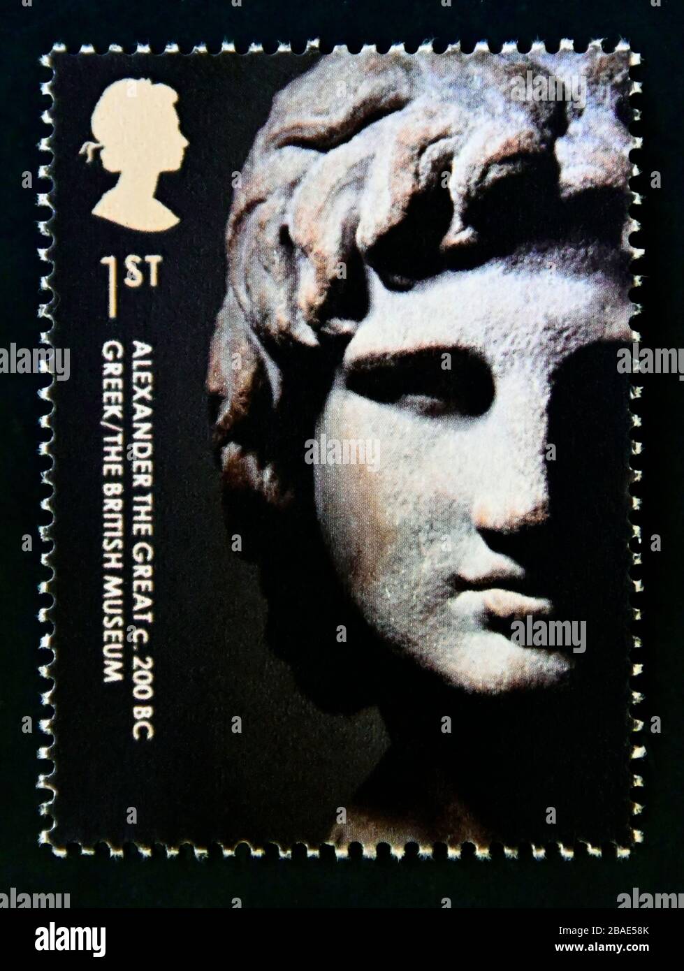 Briefmarke. Großbritannien. Königin Elizabeth II 250-jähriges Jubiläum des British Museum. Alexander der große, Grieche. c 200 v. Chr. 1. 2003. Stockfoto