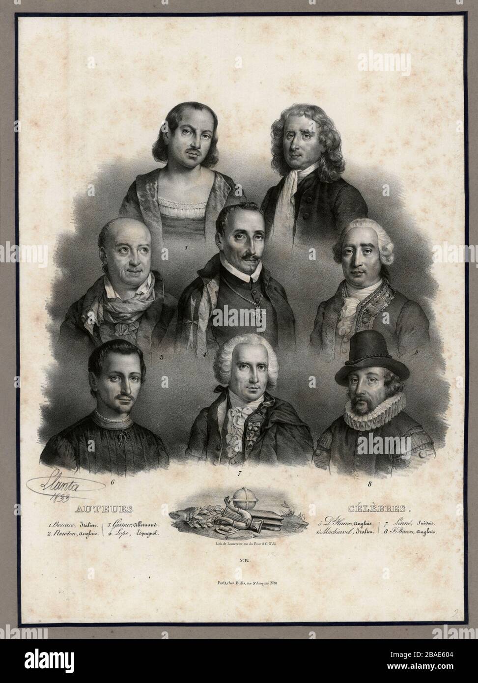 Berühmte Autoren. 1. Boccace (Italienisch) 2. Newton (Engländer) 3. Gessner (Deutsch) 4. Lope (Spainisch) 5. D. Hume (Engländer) 6. Machiavelli (Italienisch) 7. Stockfoto