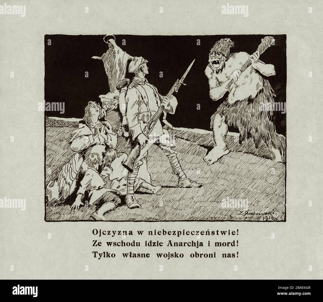 Polnisches Anti-Bolshivik-Propagandaplakat. Das Vaterland ist in Gefahr! Aus dem Osten kommt Anarchie und Mord! 1920 Stockfoto