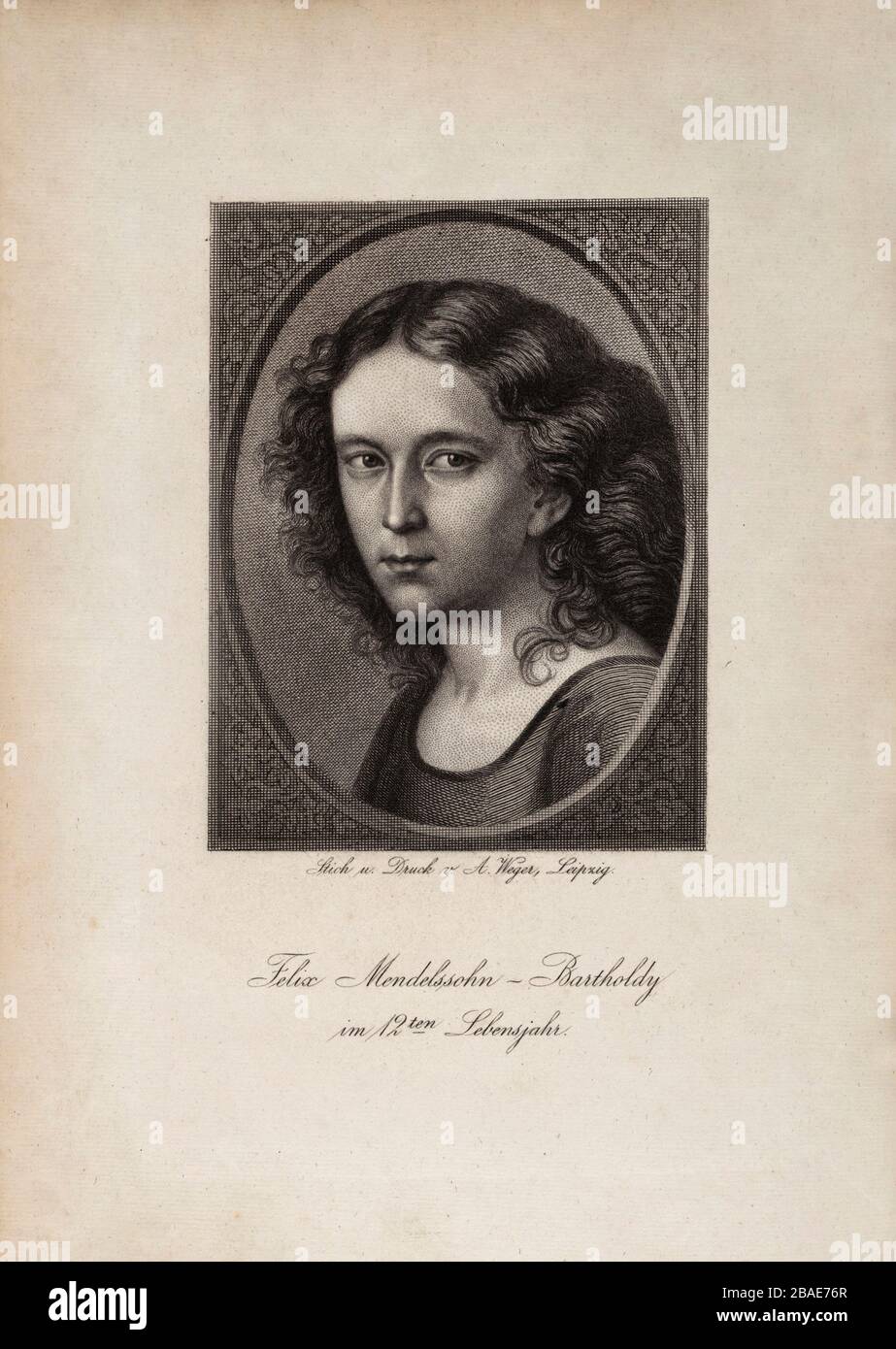 Gravur des 12-jährigen Felix Mendelssohn. Felix Mendelssohn Bartholdy (* 1809 in Berlin; † um 1847) ist ein deutscher Komponist, Pianist, Organist und Gehörleiter-Dirigent Stockfoto