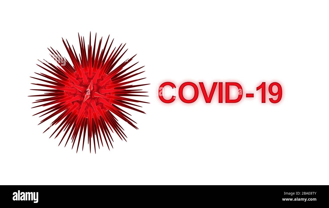Abbildung der Covid-19-Virusstruktur mit Text über weißem Hintergrund - Konzeptbild der globalen Gesundheitsandemie mit Kopierbereich für Text. Stockfoto