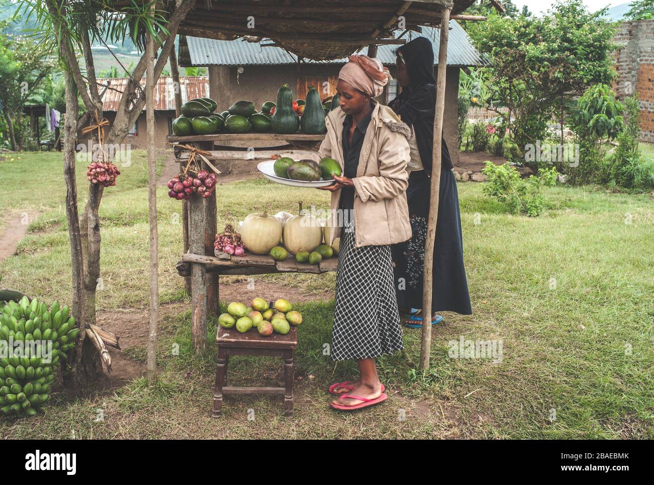 Kasese, Uganda - 22. Juli 2011: Zwei junge schwarze Frauen, die Obst auf einem Markt verkaufen oder im ländlichen Afrika stehen. Stockfoto