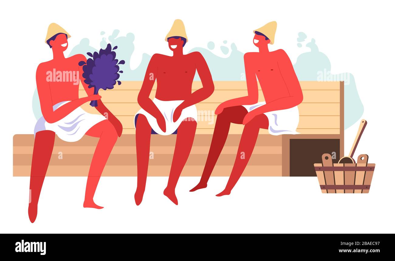 Sauna- und Spa-Verfahren, männlicher Charakter im heißen Bad Stock Vektor