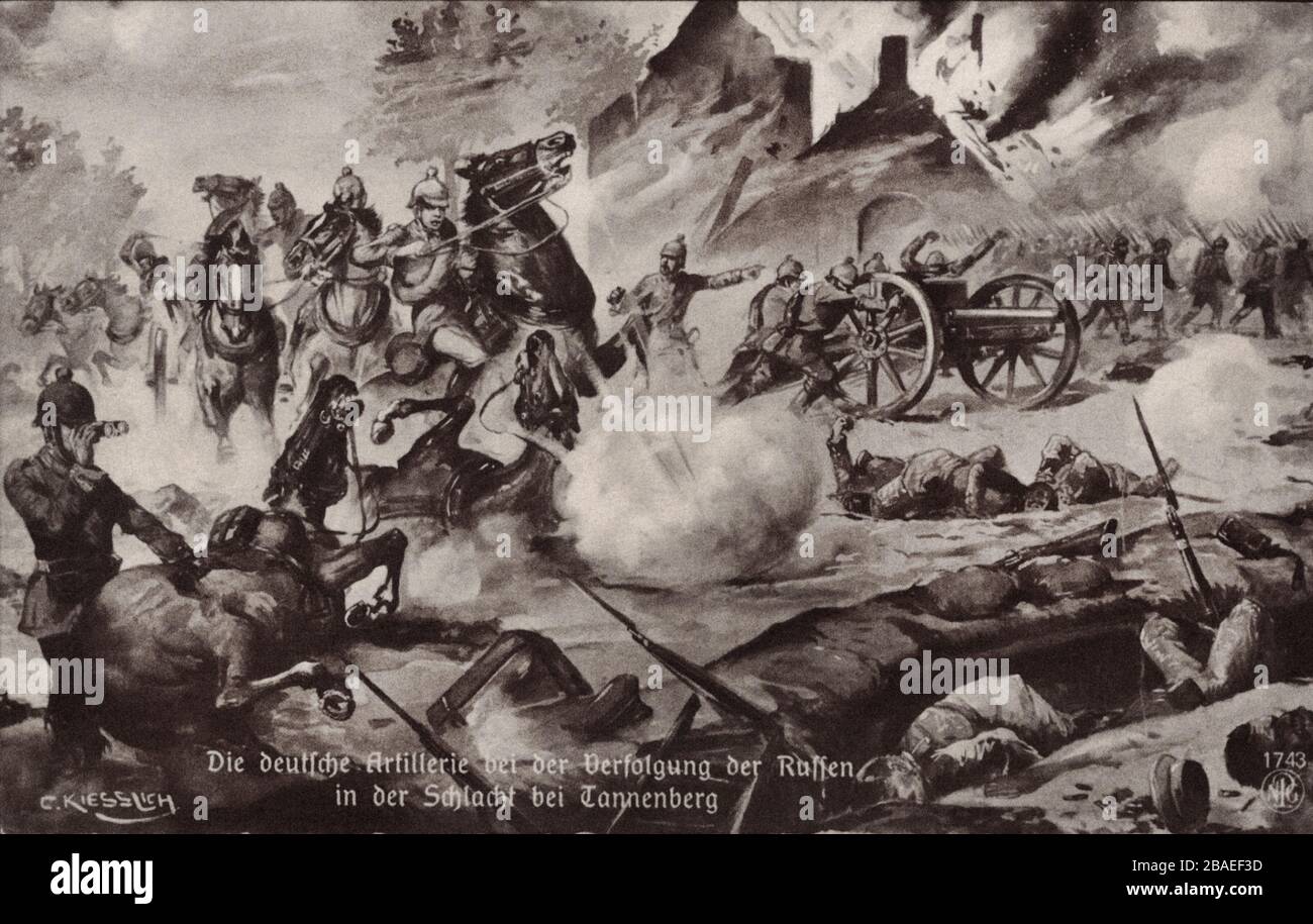 Der erste Weltkrieg. Die Ostfront. Die deutsche Artillerie bei der Verfolgung der Russen in der Schlacht bei Tannenberg. Stockfoto