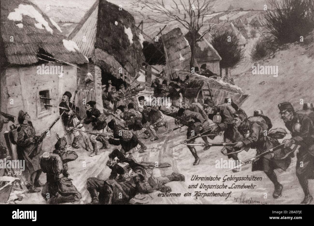 Der erste Weltkrieg. Ukrainische Berghütten und ungarischer Landwehrturm ein Karpatendorf. Stockfoto