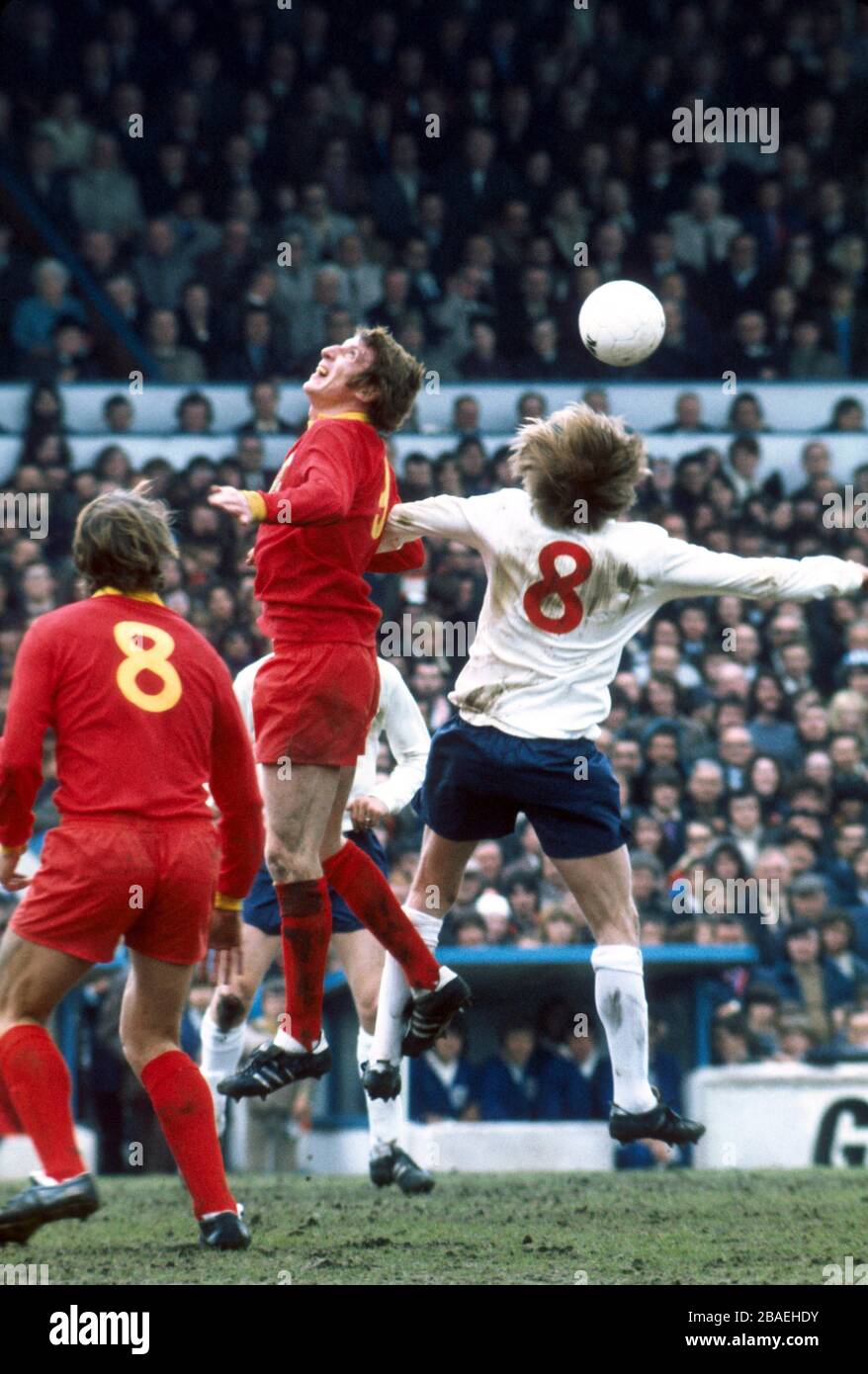 (L-R) Ron Davies von Wales sieht so aus, als Teamkollege Wyn Davies den Ball über Englands Colin Bell hinausblättert Stockfoto