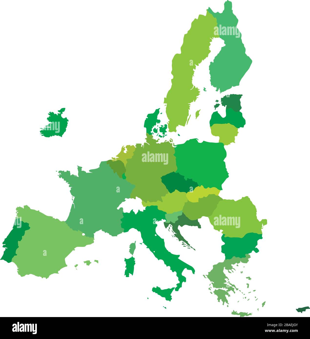 Grüne Karte von Europa und Großbritannien. Vektorgrafiken. Form- und Grafikdarstellung. Stock Vektor