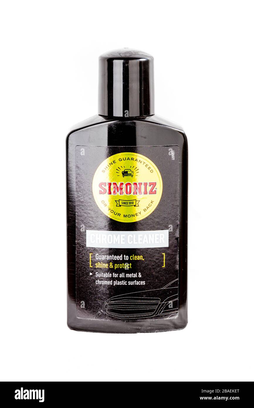 Simonize Chromreiniger, Simonize, Simonize-Flasche, weißer Hintergrund, Kopierbereich, isoliert, Produkt, Produkte, Artikel, Artikel, Simonize-Reiniger, Chromreiniger Stockfoto
