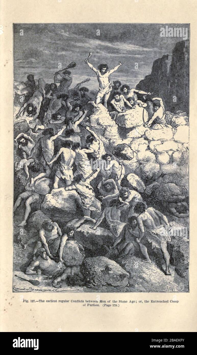 Frühe menschliche Kriegsführung laut dem französischen Illustrator Emile Bayard (1837-1891), Illustrations-Artwork veröffentlicht in Primitive man von Louis Figuier (1819-1894), veröffentlicht in London von Chapman und Hall 193 Piccadilly im Jahr 1870 Stockfoto