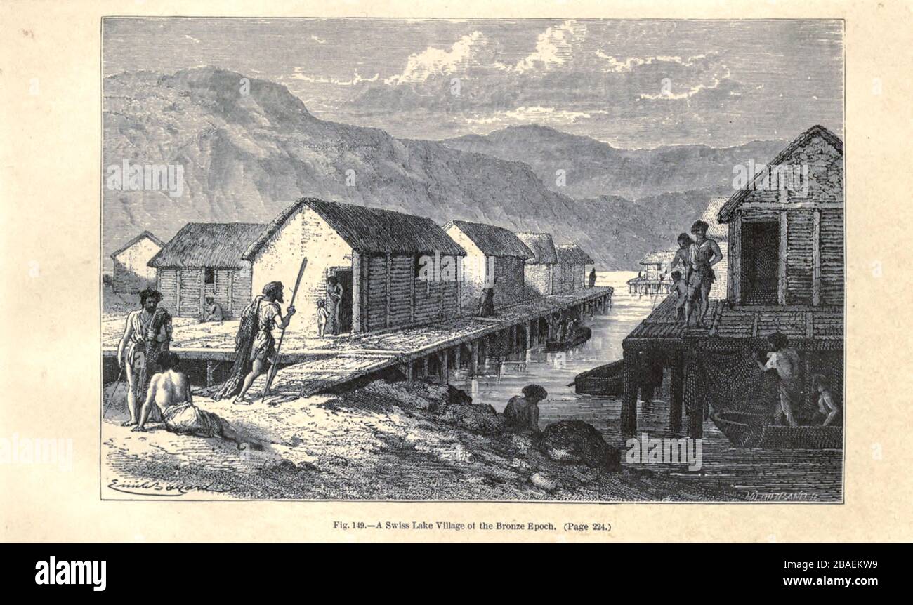 Dorf im Zeitalter der Bronze nach Angaben des französischen Illustrators Emile Bayard (1837-1891), Illustrationen, die in Primitive man von Louis Figuier (1819-1894) veröffentlicht wurden und 1870 von Chapman und Hall 193 Piccadilly in London herausgegeben wurden Stockfoto
