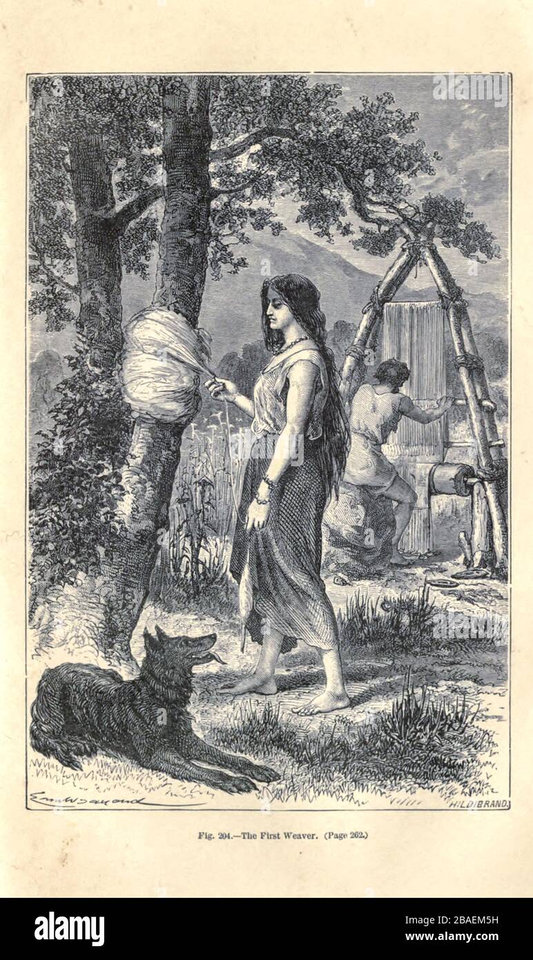 Erste Weberbronzezeit nach Angaben des französischen Illustrators Emile Bayard (1837-1891), Illustrations-Artwork veröffentlicht in Primitive man von Louis Figuier (1819-1894), erschienen in London bei Chapman und Hall 193 Piccadilly im Jahr 1870 Stockfoto