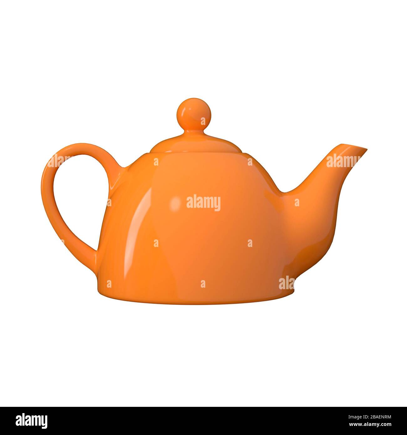 Hellorange Teekanne aus Keramik, isoliert auf weißem Hintergrund. 3D-Bild Stockfoto