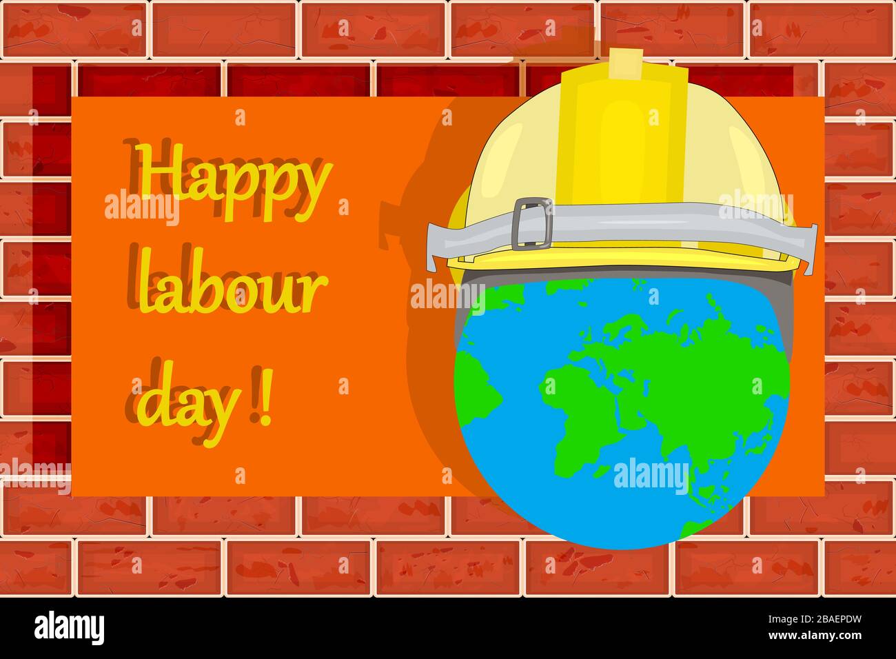 Fröhlicher Arbeitsalltag Vektor mit Händen, Erdkugel, Helm an roter Ziegelwand. Internationale Workers Day Illustration für Poster, Postkarten, Karten oder Banner Stock Vektor