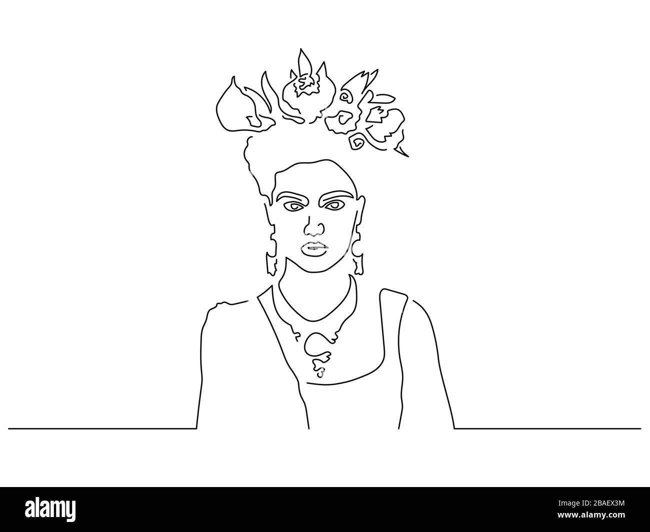 Frau mit Blumen auf dem Kopf isoliert Linie Zeichnung, Vektor Illustration Design. Personensammlung. Stock Vektor