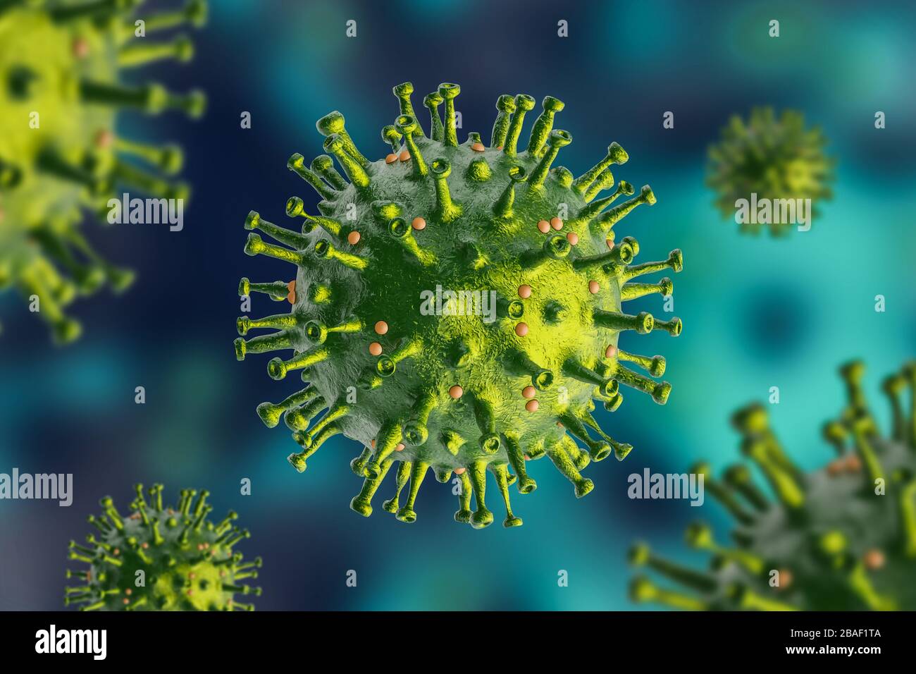 3D-Rendering, Nahaufnahme des Corona-Virus 2019-nCov, das als Pandemie gefährliche Grippefälle ist. Stockfoto