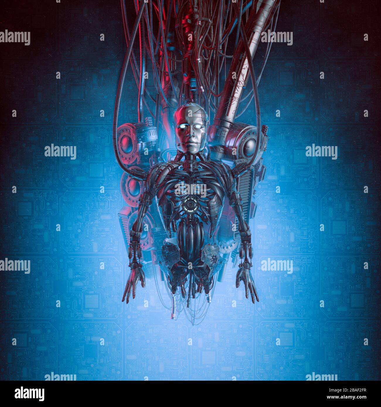 Roboter in Reparatur / 3D-Illustration futuristischer metallischer Science Fiction männlicher humanoider Cyborg-Rumpf, der an Kabelmaschinen hängt Stockfoto