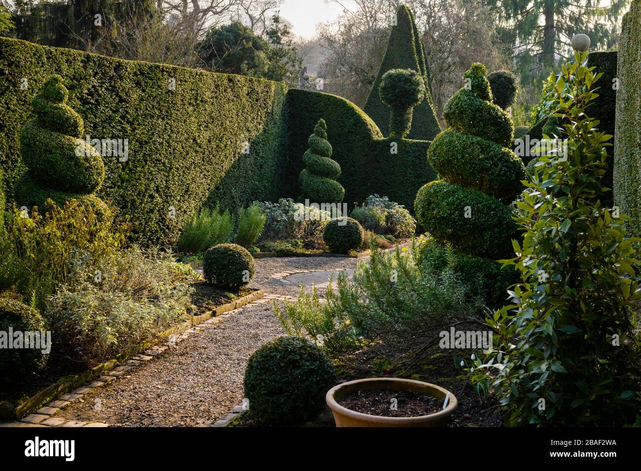 Country Cottage Kräutergarten (dekorative dekorative dekorative beschnittene Evergreens, topiäre Spiralen & Bälle, Kräuter, Schotterpfad) - York Gate Garden, Leeds UK. Stockfoto