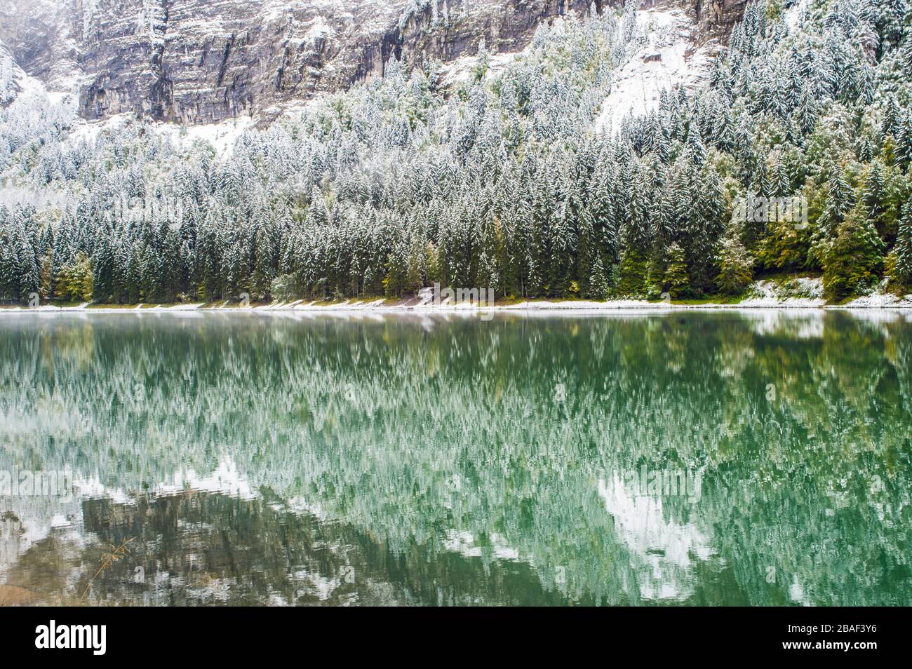 Spiegelung im Lac de Montriond in der Region Haute Savoie in Frankreich oberhalb von Montriond, dieser Schuss wurde im September im Winter aufgenommen. Stockfoto