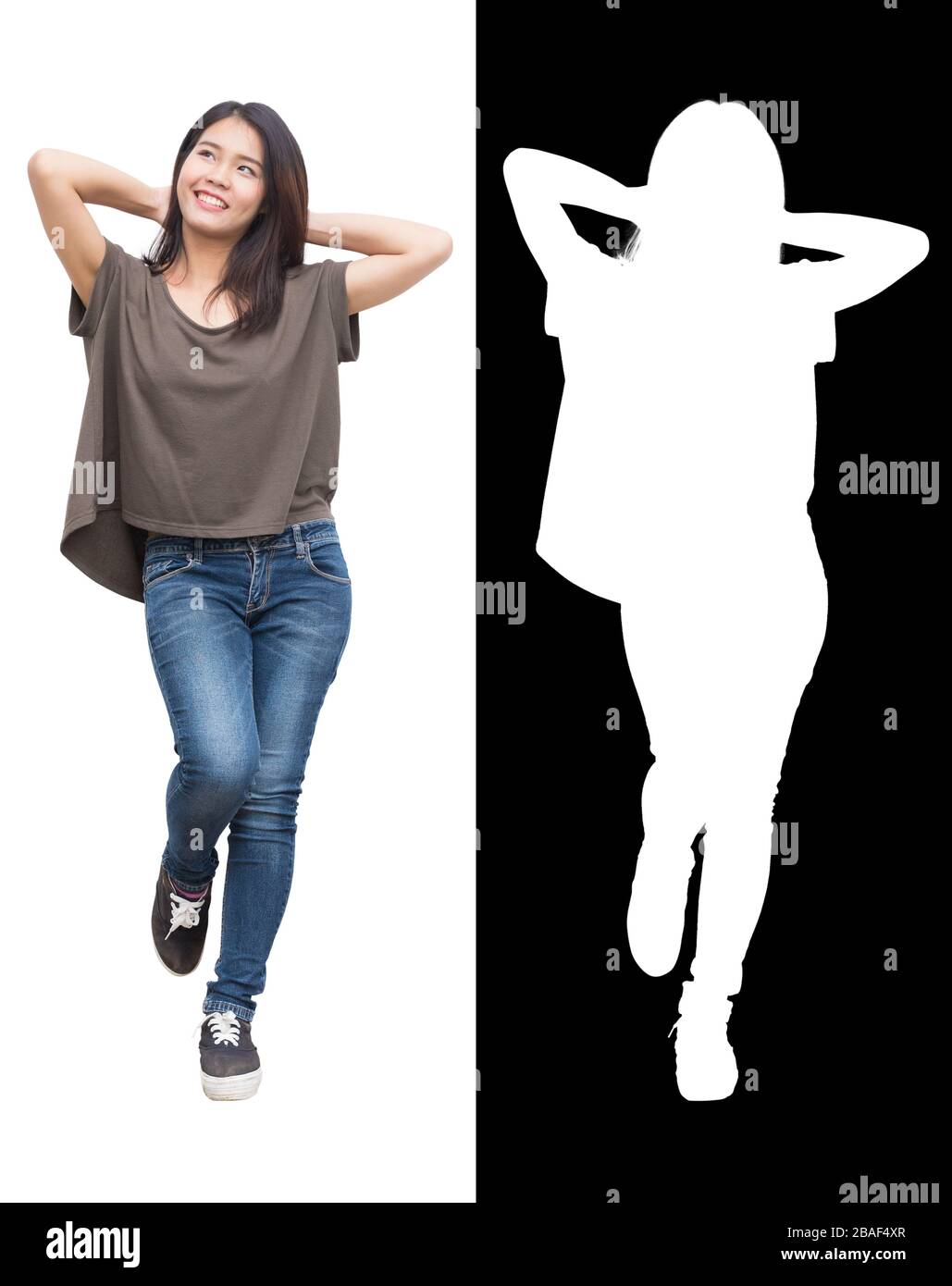 Asiatisches Mädchen Teenager Modell glücklich und Lächeln entspannen sich isoliert auf weißem Hintergrund mit Alphakanal Compositing dicut. Stockfoto