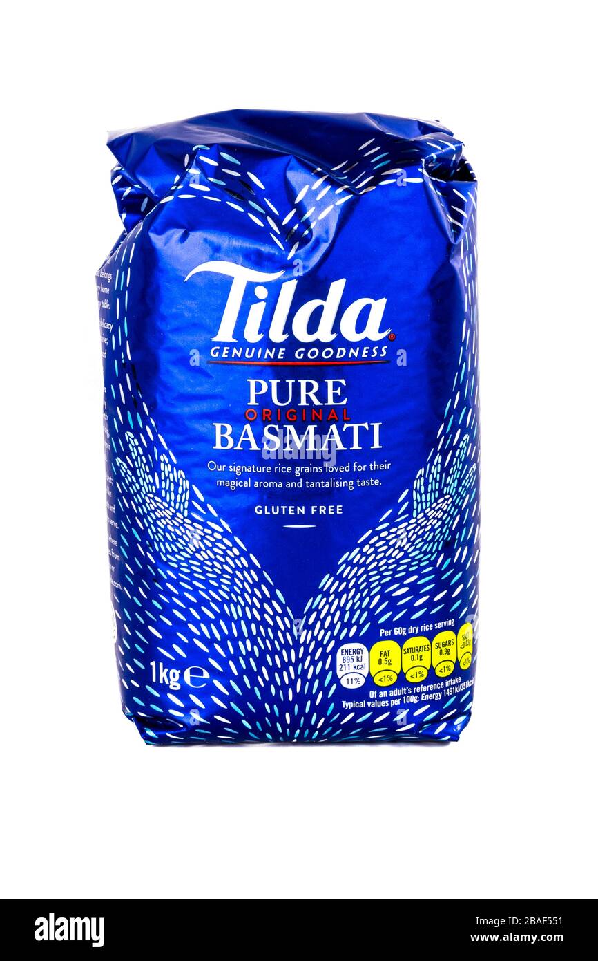 Tilda Basmati-Reis, glutenfreier Reis, Packung, Tilda, Reis, Basmatit, weißer Hintergrund, Kopierraum, isoliert, Produkt, Produkte, Artikel, Artikel, Artikel, Ausschneiden, Stockfoto