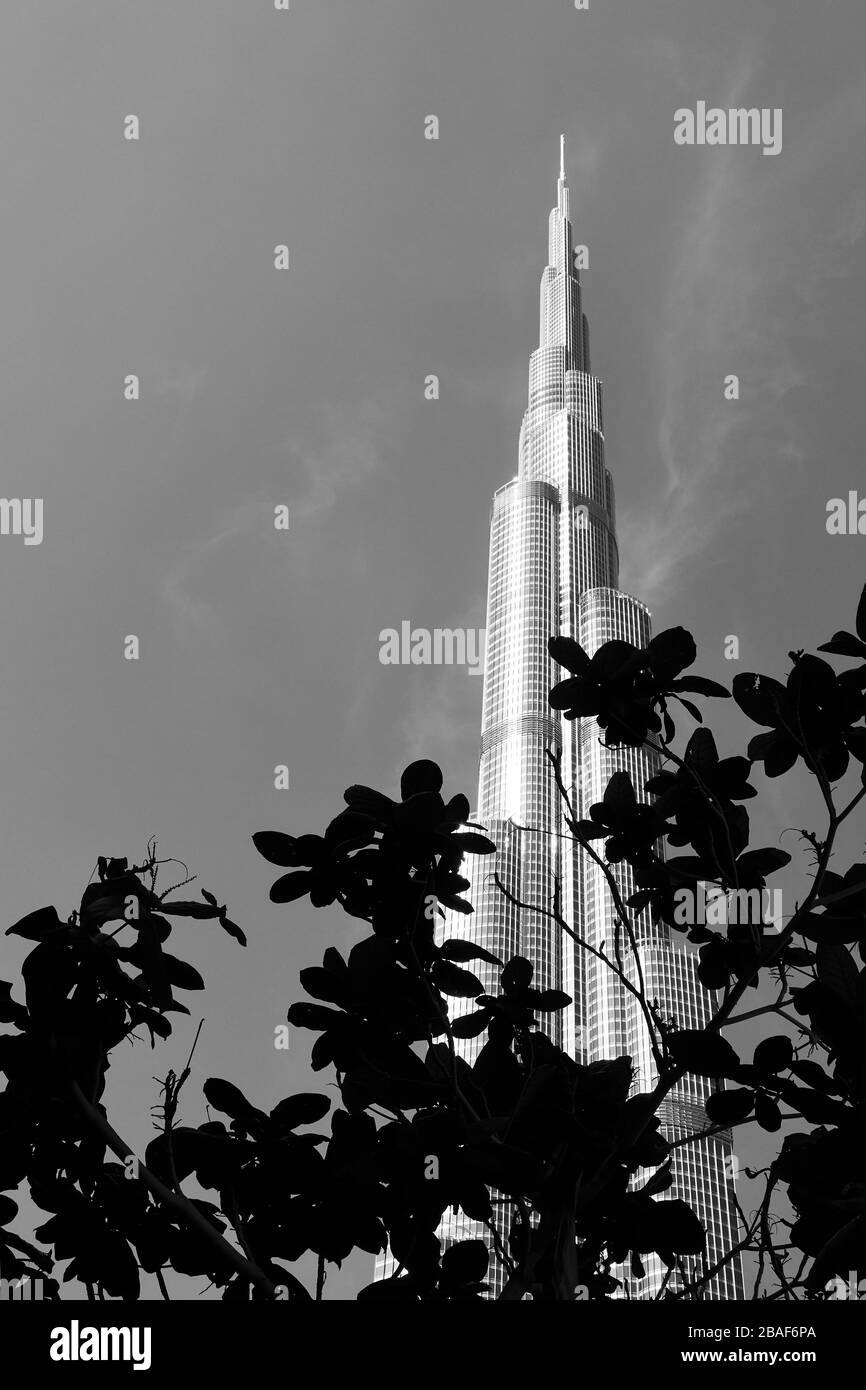 Dubai, VAE - 30. Januar 2020: Burj Khalifa Gebäude in Downtown Dubai - das höchste Gebäude der Welt/ Schwarz-Weiß-Bild Stockfoto