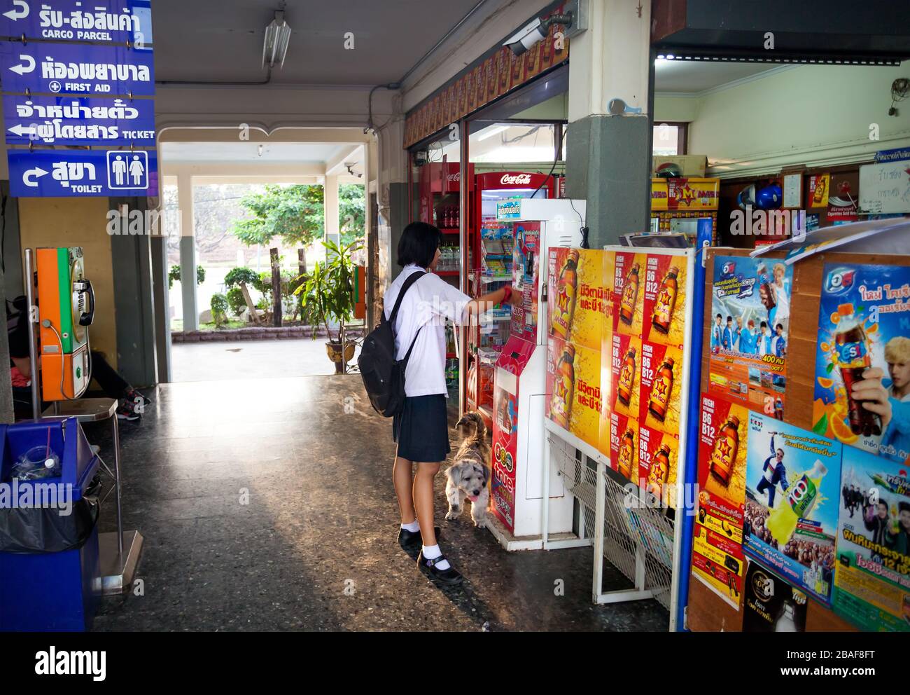 Lopburi, Thailand - 21. November 2016: Schulmädchen mit Hund in der Nähe des Fahrkartenautomaten am öffentlichen Bahnhof Stockfoto