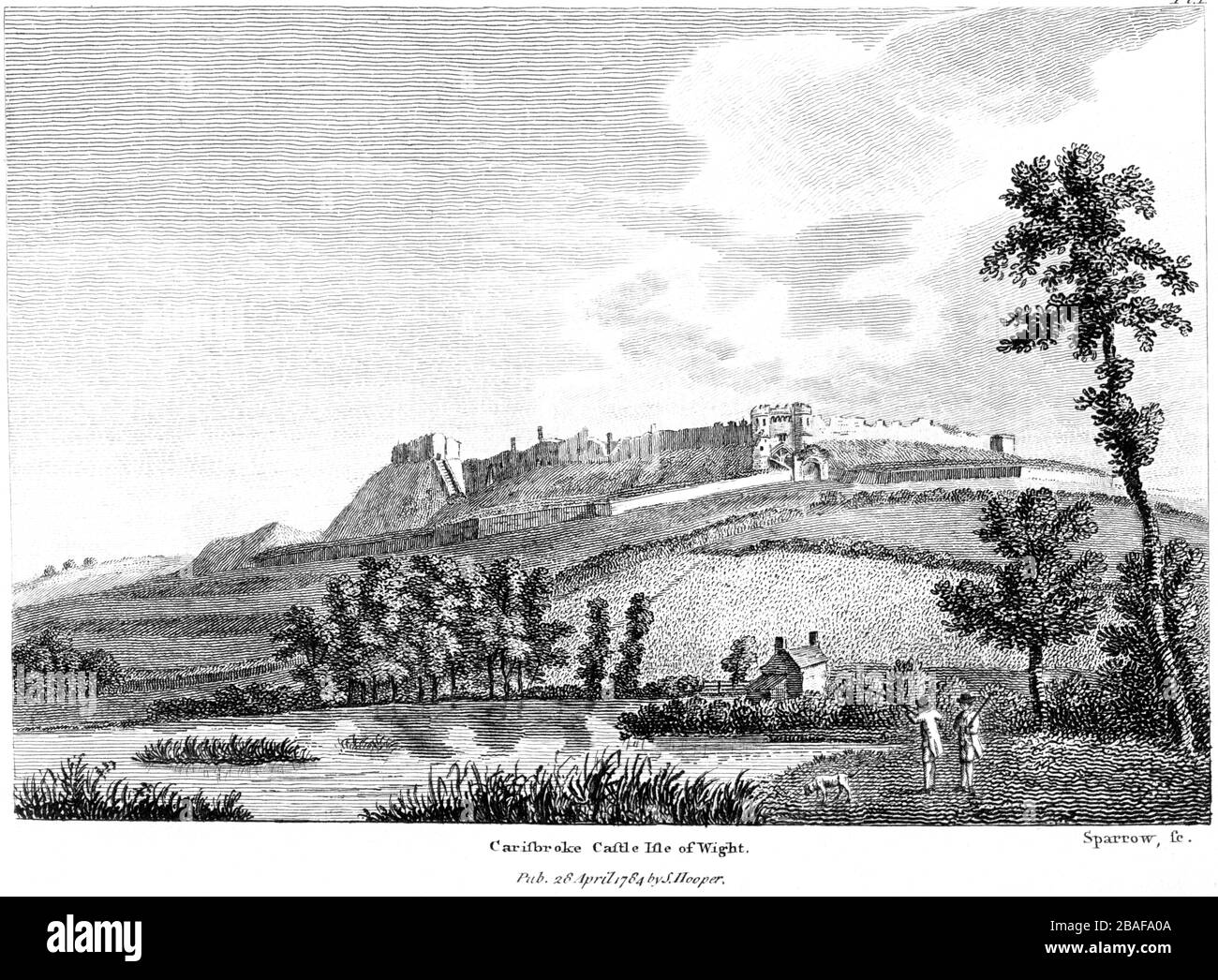 Eine Gravur von Carisbroke Castle von der Insel Wight von Carisbrooke von der Burg von Carisbrooke von der Insel Kacht aus, die in hoher Auflösung von einem Buch gescannt wurde, das um das Jahr 1786 veröffentlicht wurde. Stockfoto