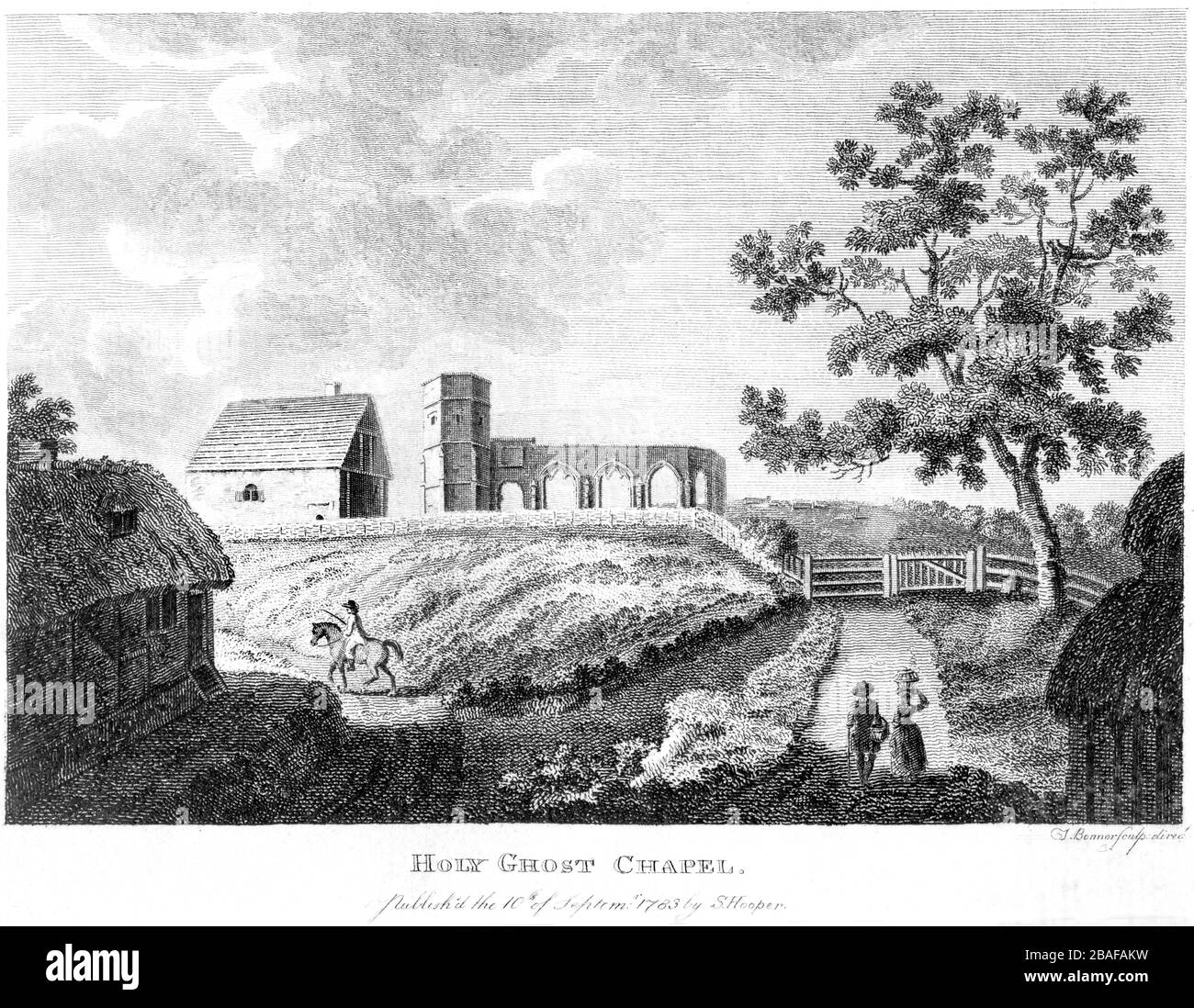 Eine Gravur der Heilig-Geist-Kapelle (Basingstoke), die in hoher Auflösung aus einem Buch gescannt wurde, das um das Jahr 1786 veröffentlicht wurde. Ich glaube, dass das Urheberrecht frei ist. Stockfoto