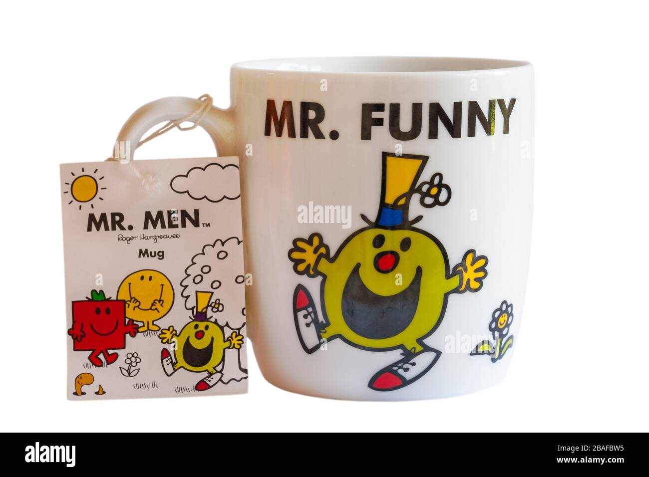MR Funny Becher mit Mr Men Tag Label isoliert auf weißem Hintergrund Stockfoto