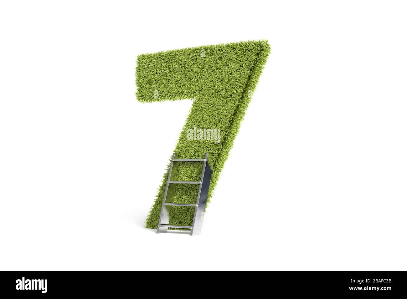 3D-Rendering, Vorderansicht der grünen Farbe Nummer sieben Grasform in der Natur mit silberner Stufenleiter, isoliert auf weißem Hintergrund. Stockfoto