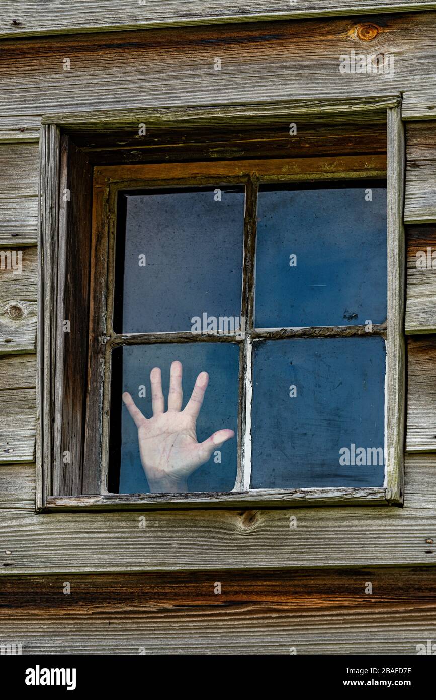 Vertikaler Schuss eines vierfach getäfelten Fensters in einer Holzwand mit einer Hand einer Frau, die wie beim Fluchtversuch gegen eine Scheibe gedrückt wurde. Stockfoto
