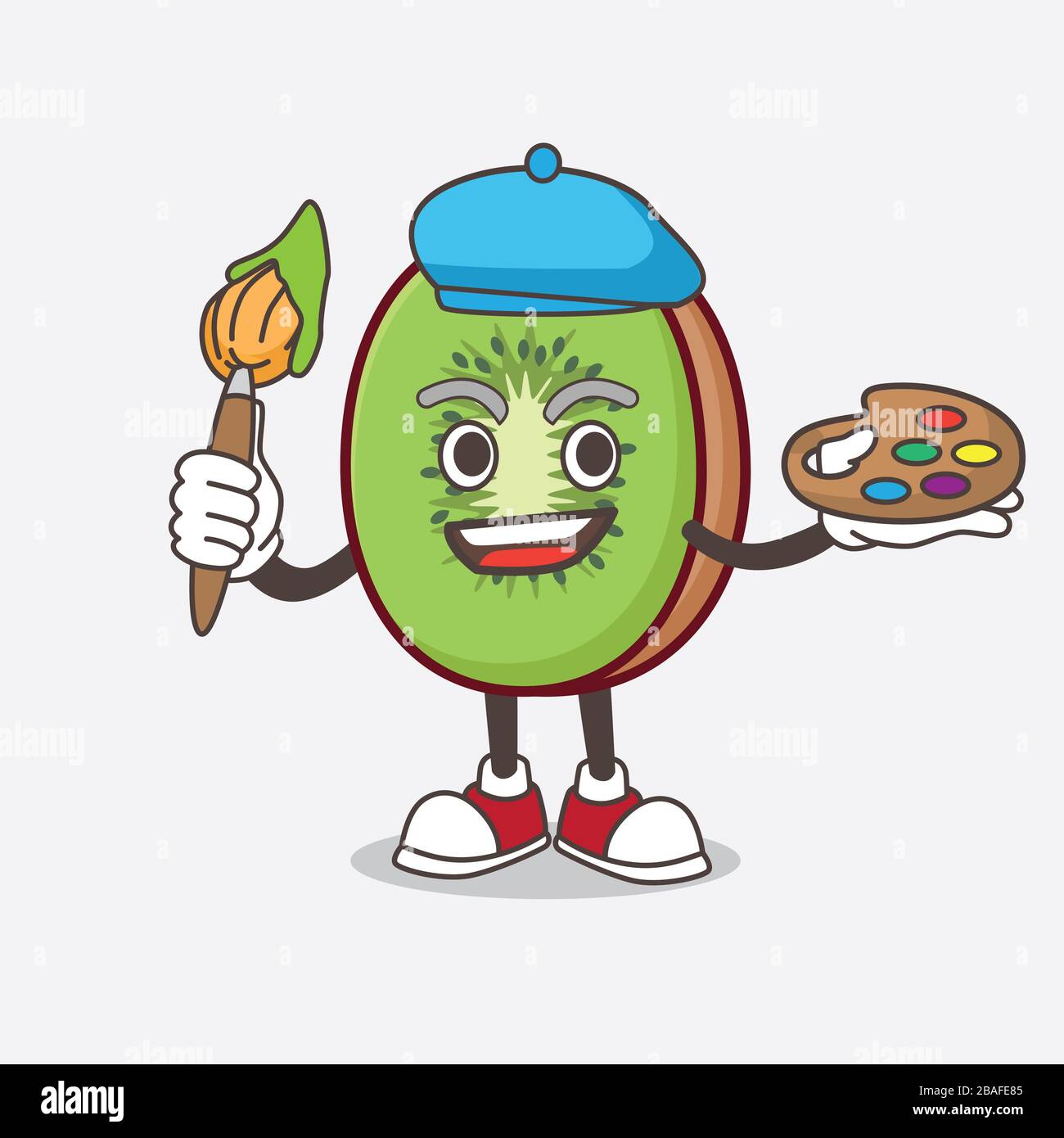 Ein Bild des Kiwi-Obst-Zeichentrick-Maskottchen-Maler-Stils mit Kunstbürste Stockfoto