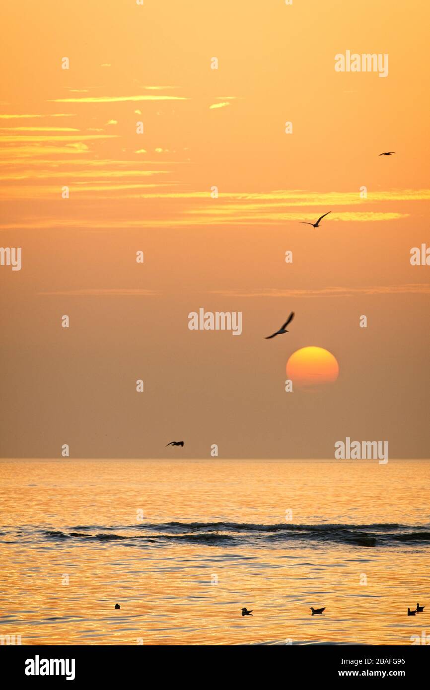 Sonnenuntergang über dem Meer in Tanji, Gambia. Stockfoto