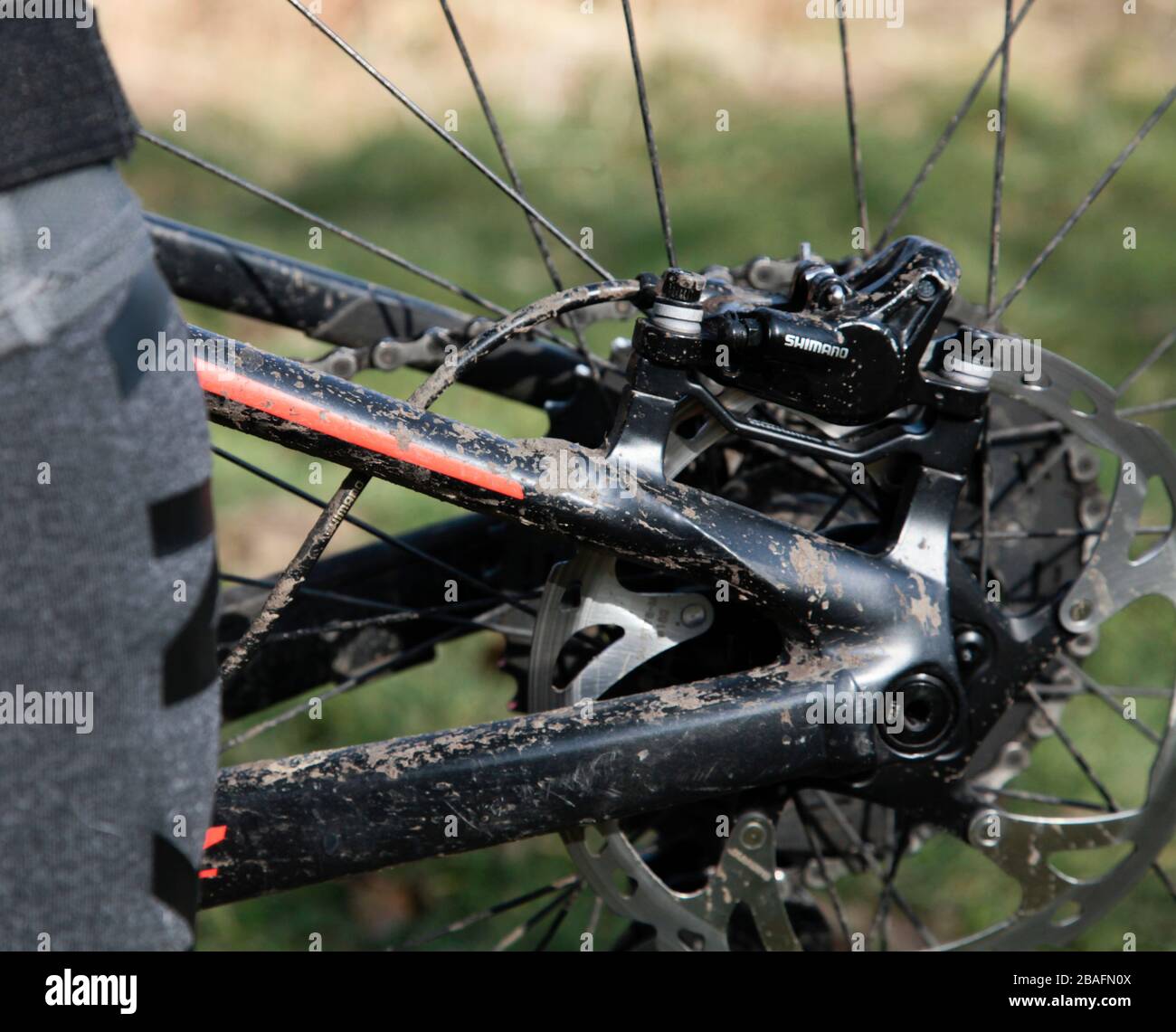 Detail der Scheibenbremse auf dem Mountainbike Stockfoto