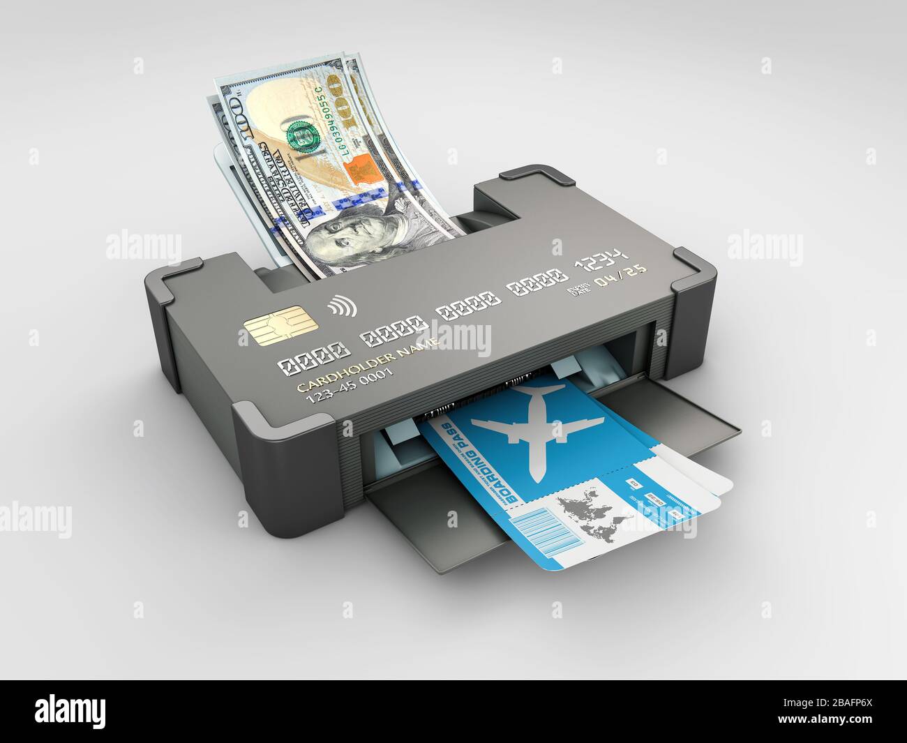 3d Rendering der Online-Registrierung für den Flug. Buchung und Geldzahlung Transfer für Transport über Internet. Stockfoto