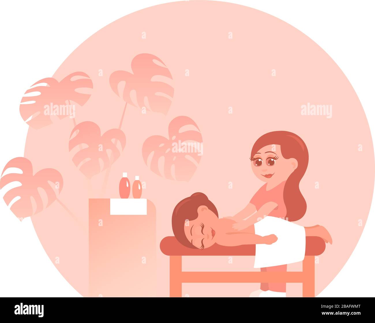 Frau bei einem Massageverfahren in einem Schönheitssalon. Platz für Text. Vektor-Cartoon-Illustration. Stock Vektor