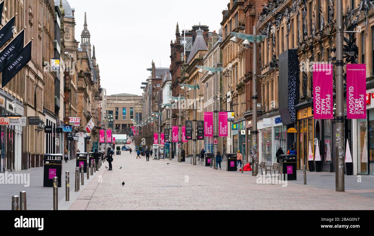 Blick auf die fast menschenleere Buchanan Street im Stadtzentrum von Glasgow während Coronavirus Lockdown am 26. März 202, Schottland, Großbritannien, Stockfoto