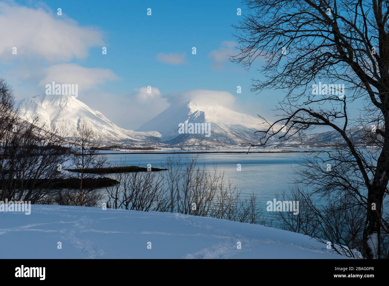 Blick auf einen Fjord mit schneebedeckten Bergen auf den Lofoten Inseln, Nordland County, Norwegen. Stockfoto