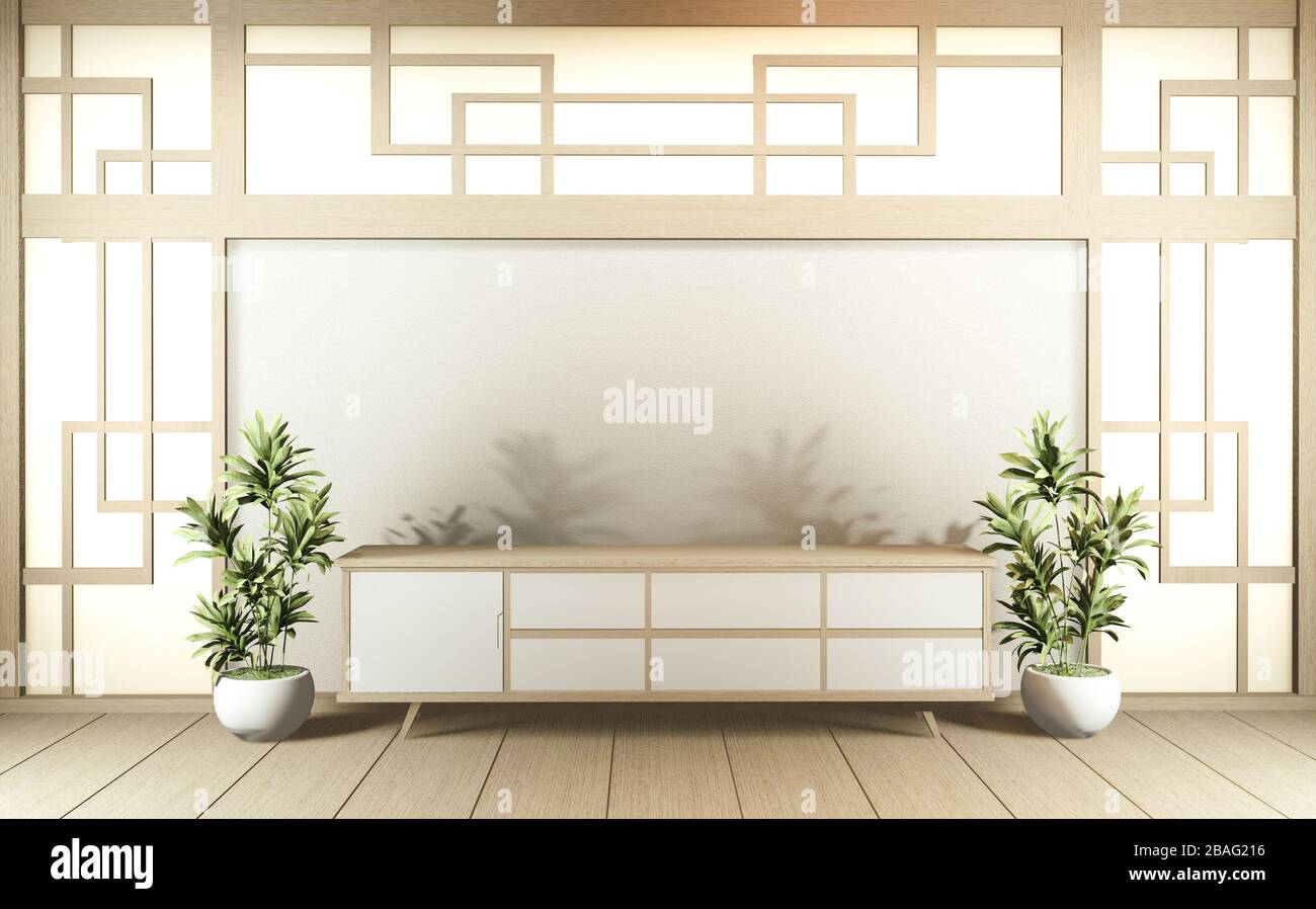 TV-Schrank in einem modernen Zimmer, Zen Blank, japanische Produkte, für die Bearbeitung verwendet. 3D-Rendering Stockfoto