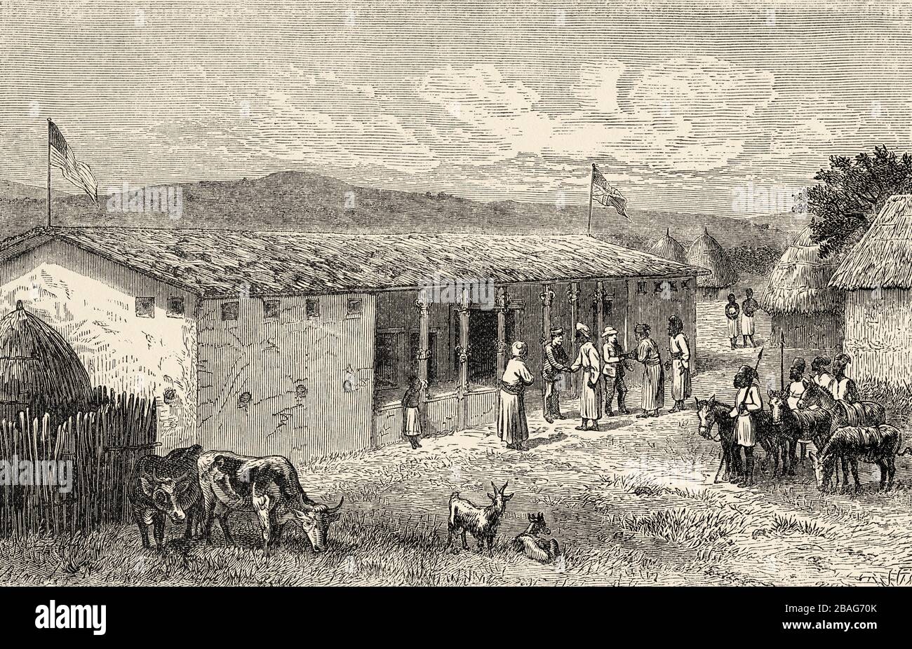 Stanley House in Kouihara, Reise und Erkundung von Henry Morton Stanley, Expedition wie ich Livingstone in Zentralafrika 1871-1872 fand. Alte Graveure Stockfoto