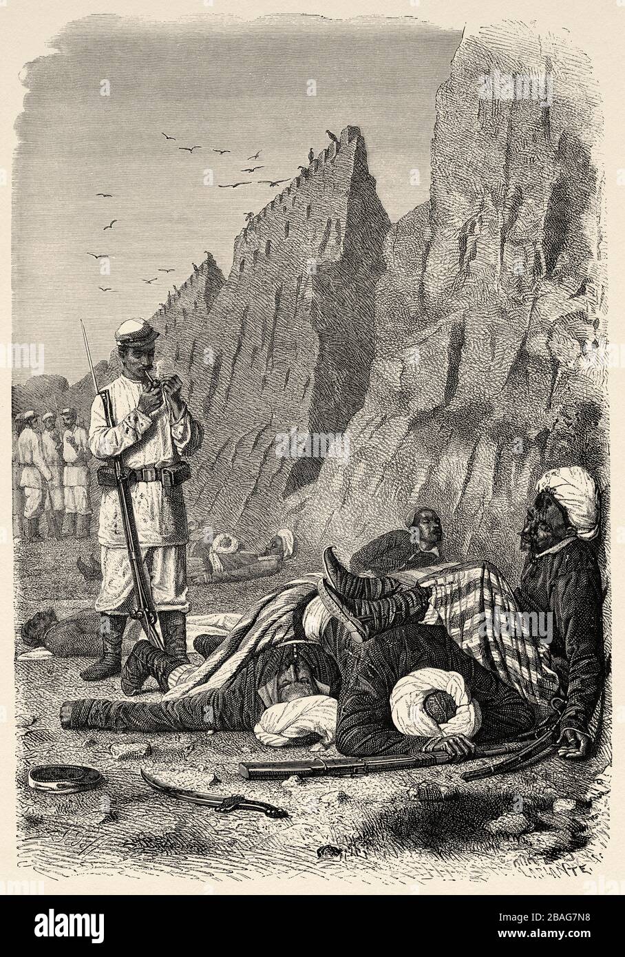 Soldaten tot unter den Mauern von Samarkand, von Reisen in Zentralasien im Jahre 1863 von Armin Vambery. Alte Gravur El Mundo en la Mano 1878 Stockfoto