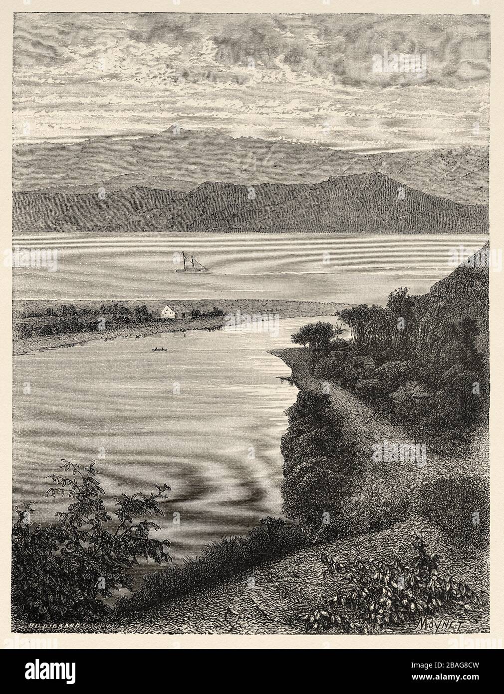 Panoramablick auf die Küste der Insel Hawaii. Hawaii, Vereinigte Staaten. Reise zu den hawaiischen Inseln im Jahr 1855 durch Charles de Varigny, französischer Abenteurer Stockfoto