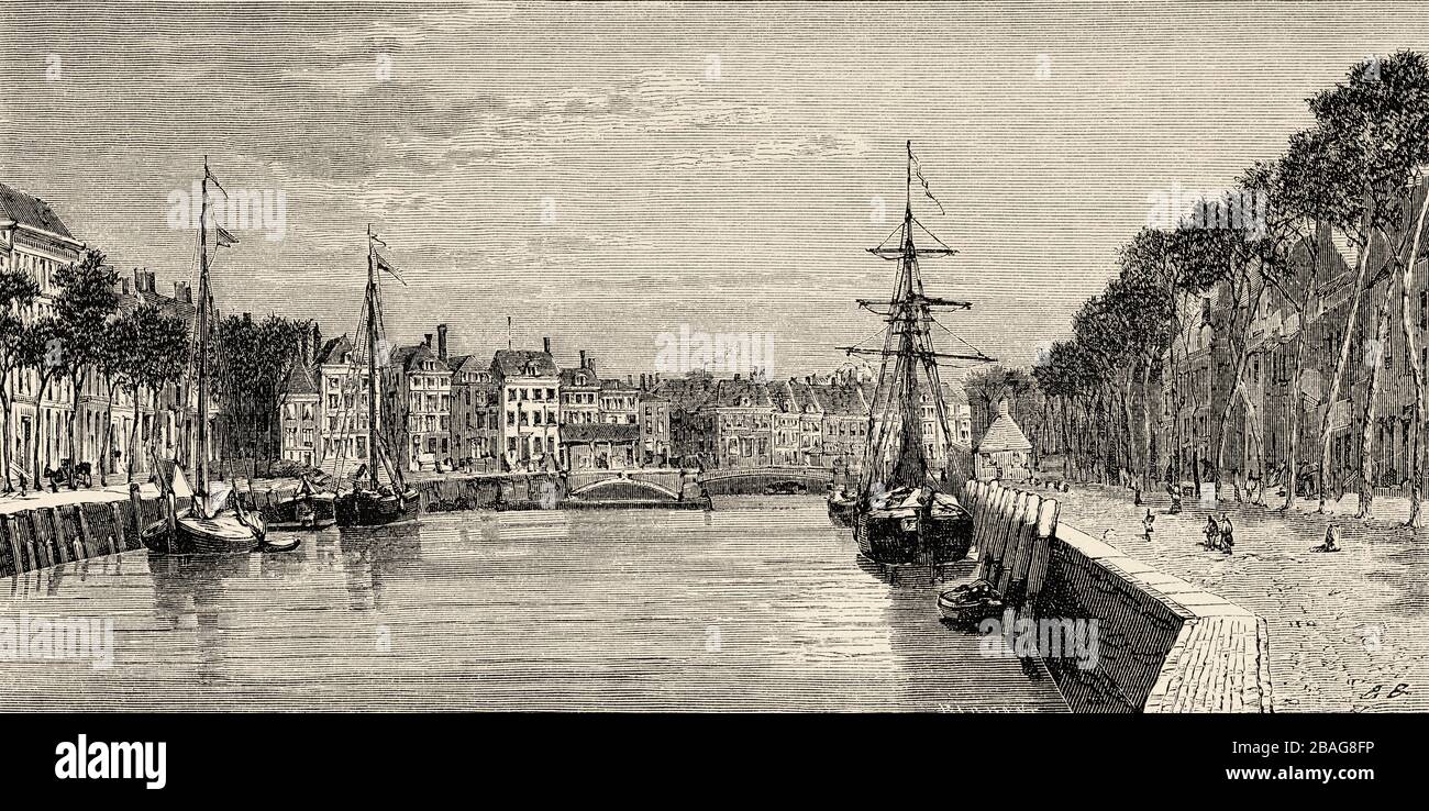 Rouen und Rotterdams Docks in Middelburg, Niederlande, Europa. Reise nach Zeeland, von Charles de Coster, im Jahr 1873. Alte Gravur El Mundo en la Mano 1878 Stockfoto