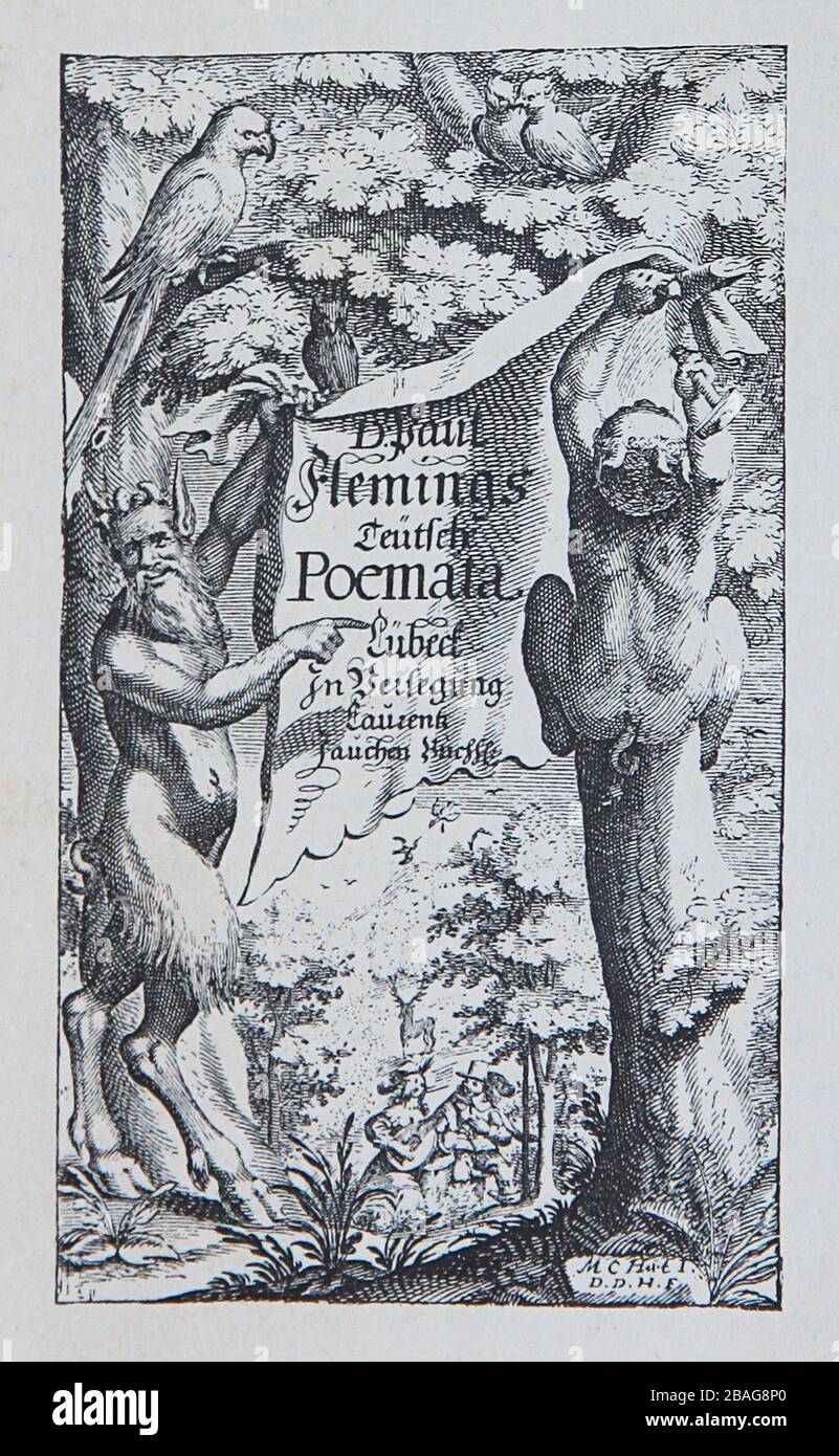 Buchfrontispiz der teutschen Poemata, deutsche Gedichte von Paul Fleming deutscher Mediziner und Dichter im 17. Jahrhundert Stockfoto