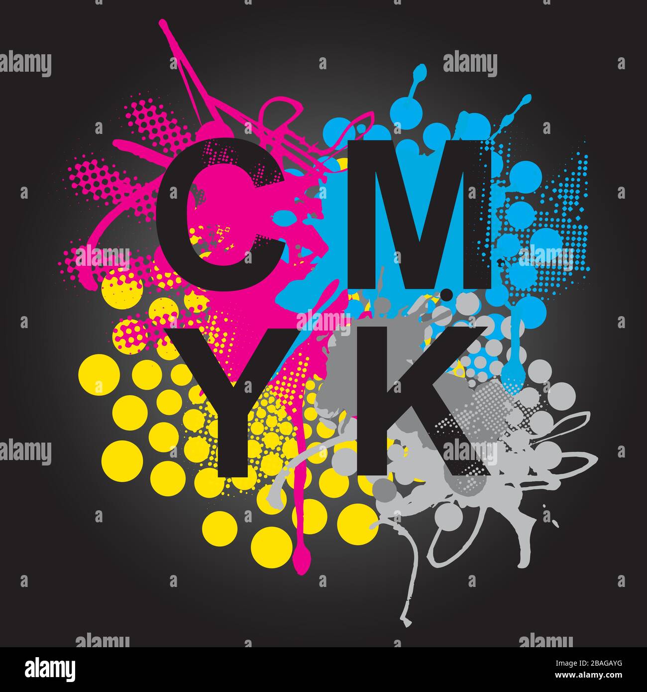 CMYK-Druckfarben, ausdrucksstarker Hintergrund. CMYK Cyan magentafarbene schwarze Tinten und CMYK-Zeichen auf schwarzem Hintergrund. Vektor verfügbar. Stock Vektor