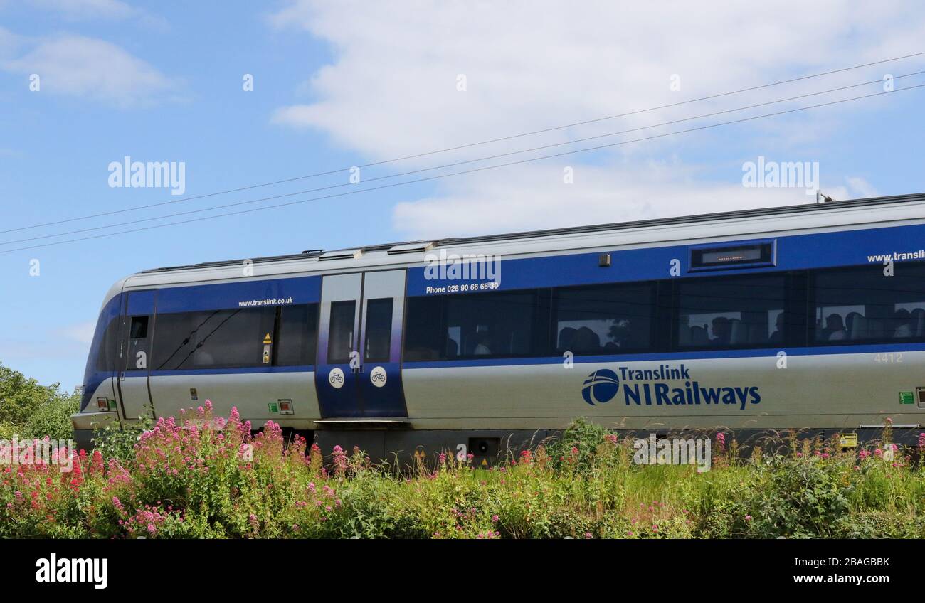 Bahnreisen, öffentliche Verkehrsmittel in Nordirland.Translink NI Railways CAF 3000 Diesel-Pendlerzug verlässt Holywood Railway Station County Down Stockfoto