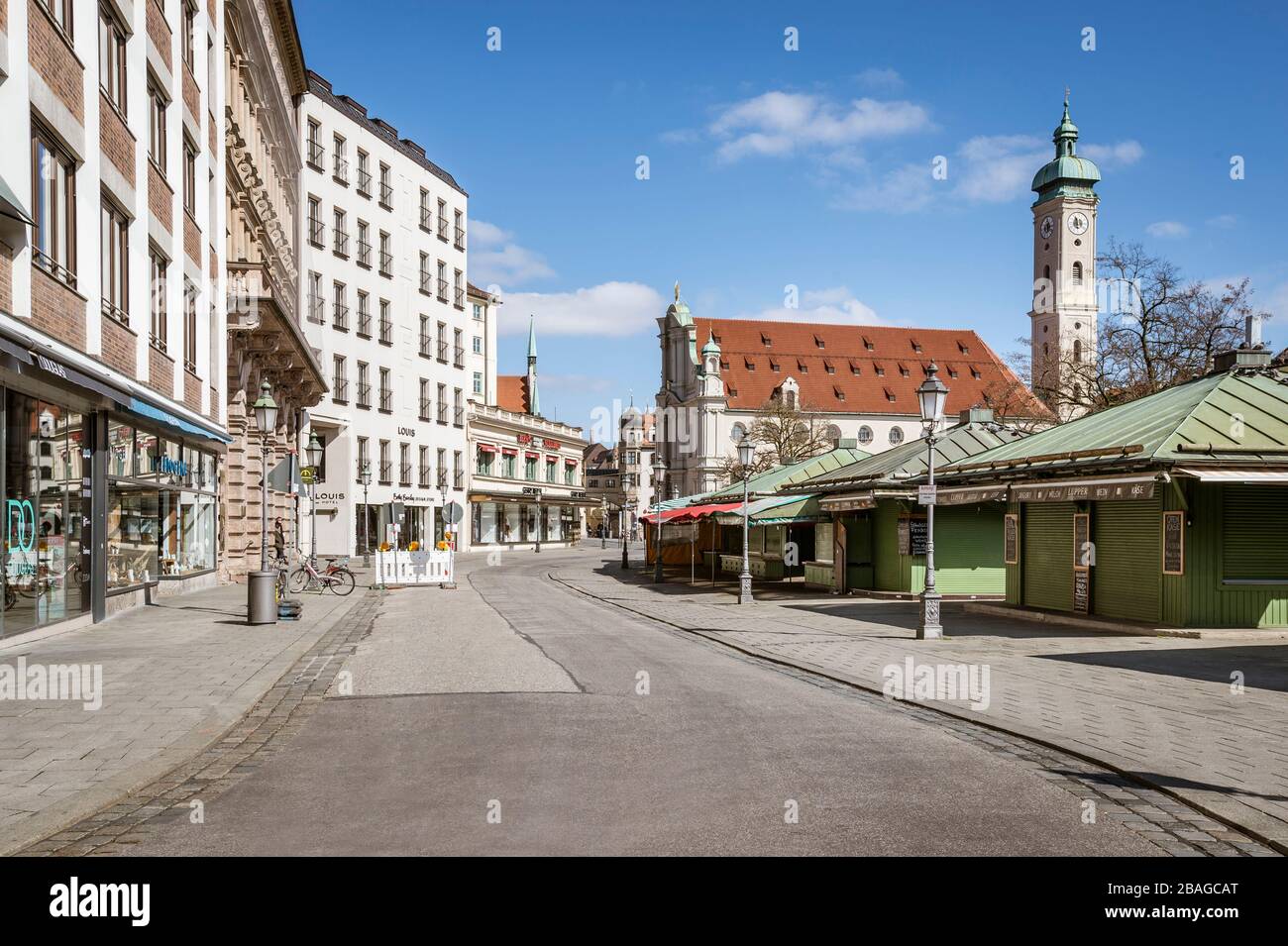 Bayern-München-Deutschland, 22. März 2020: Leere Straßen am Viktualienmarkt in München wegen Abschaltung wegen Corona-Virus Stockfoto