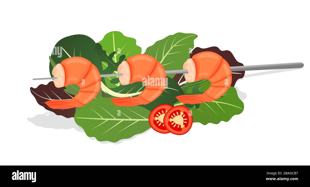 Gegrillte Garnelenspieße auf einer Mischung aus Salatblättern. Leckere frisch gebratene Garnelenschale mit Chili. Ernährungskonzept für Meeresnahrung. Vektor Stock Vektor