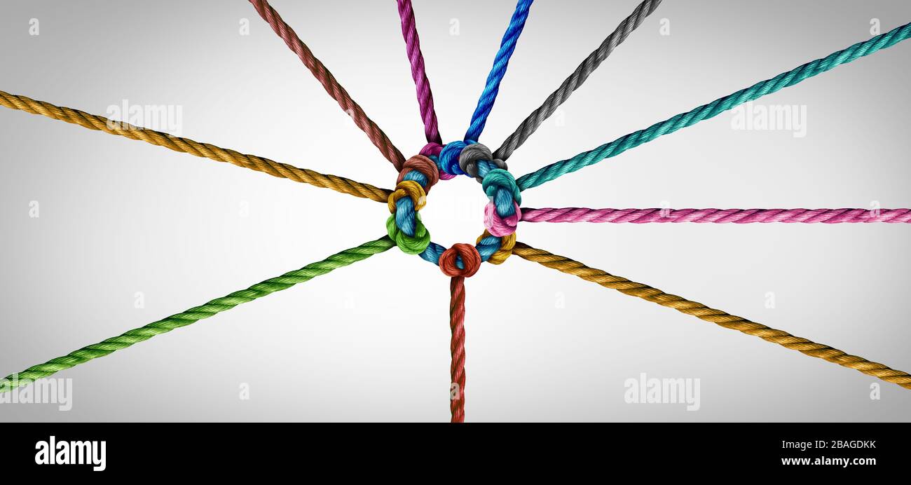 Konzept der Teameinigkeit und Teamwork-Idee als Geschäftsmetapher für die Zusammenführung einer Partnerschaft, die so unterschiedliche Seile miteinander verbindet, wie ein Unternehmenssymbol. Stockfoto