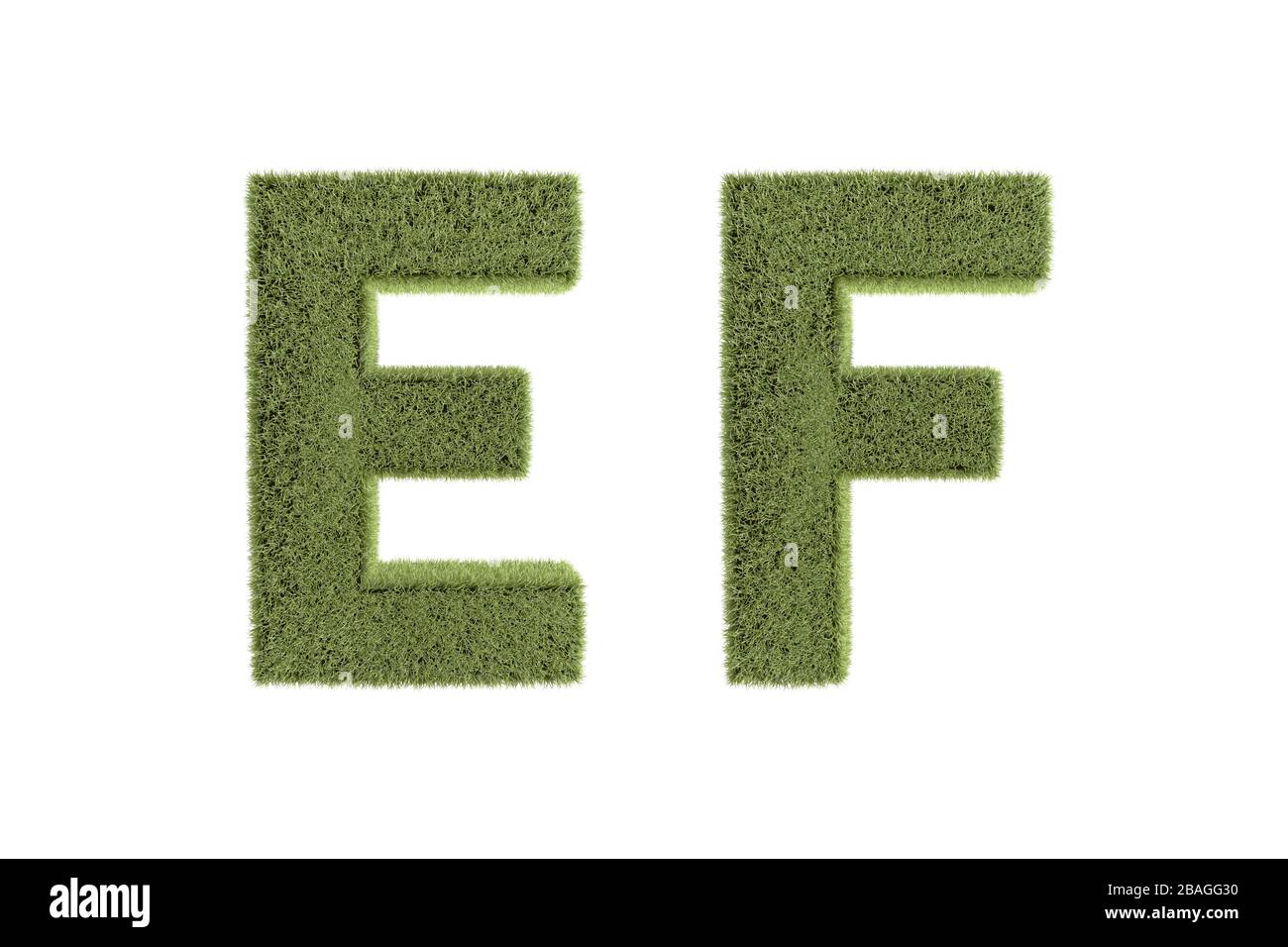 3D-Rendering, Vorderansicht von Grüngrasbuchstaben in Großbuchstaben, Naturschriftart für Ihr Design, isoliert auf weißem Hintergrund. Stockfoto